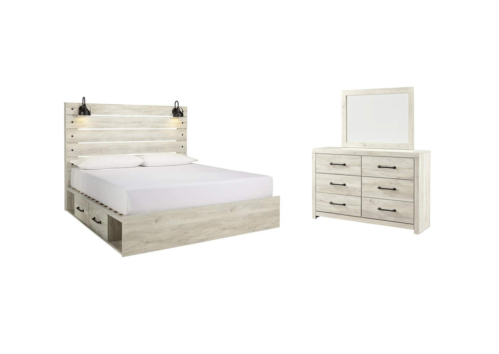 Cambeck King Panel Bed with 4 Storage Drawers with Mirrored Dresser