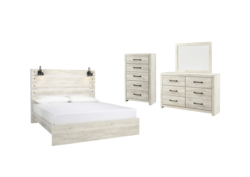 Cambeck King Panel Bed with Mirrored Dresser and Chest