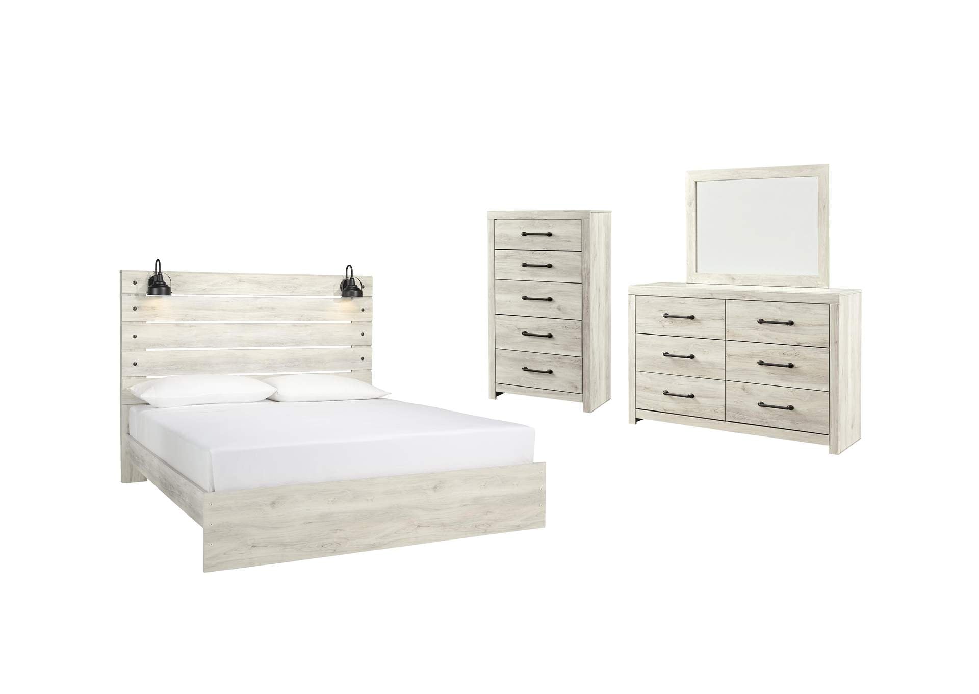 Cambeck King Panel Bed with Mirrored Dresser and Chest
