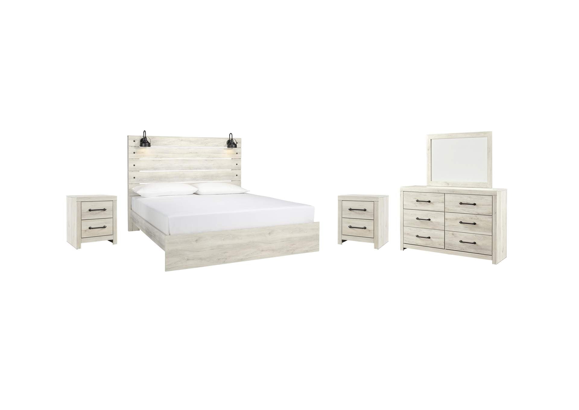 Cambeck King Panel Bed with Mirrored Dresser and 2 Nightstands
