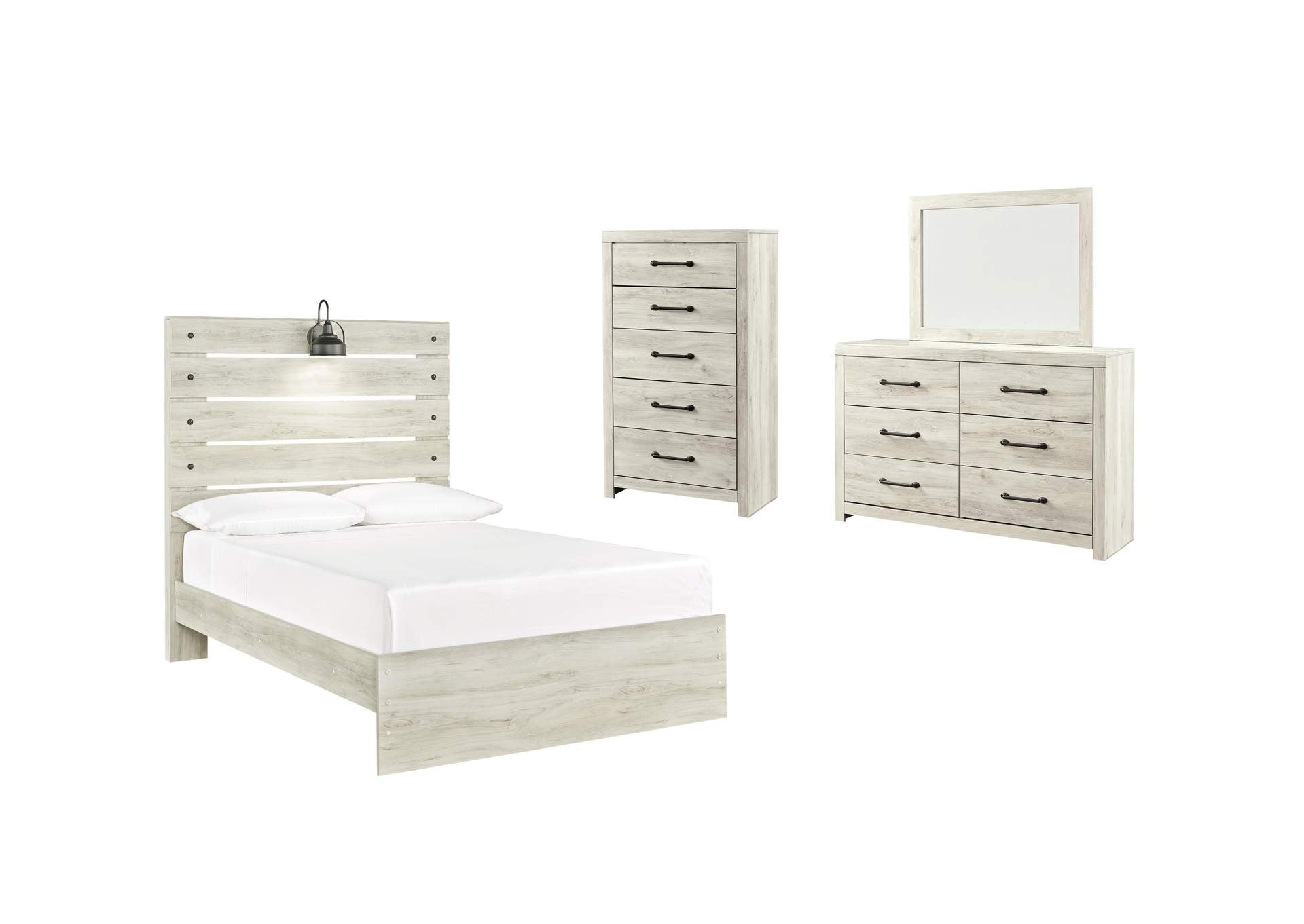 Cambeck Full Panel Bed with Mirrored Dresser and Chest