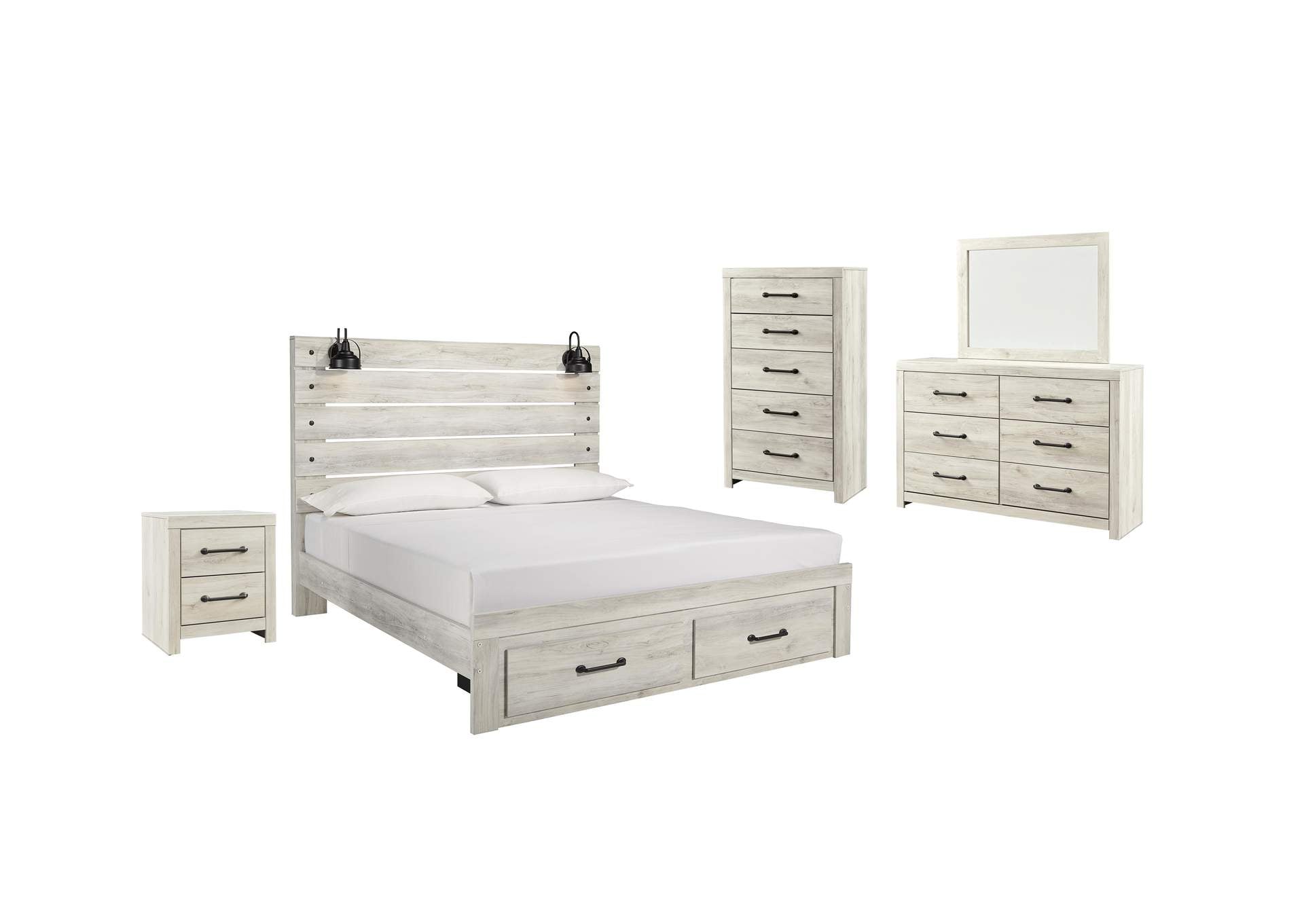 Cambeck King Panel Bed with 2 Storage Drawers with Mirrored Dresser, Chest and Nightstand