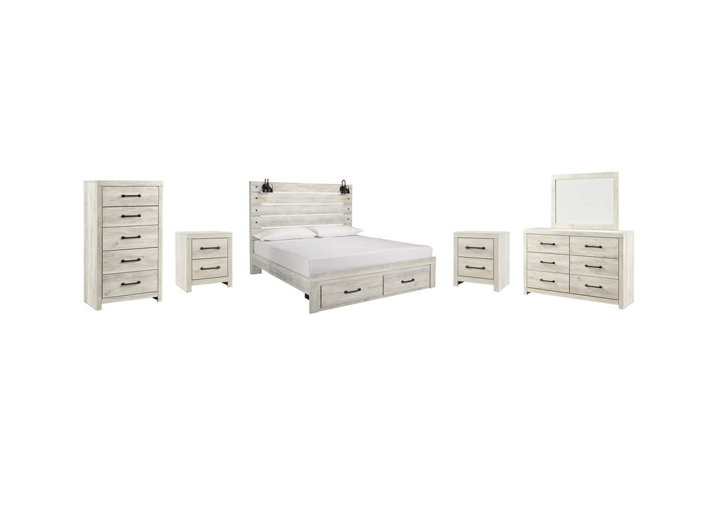 Cambeck King Panel Bed with 2 Storage Drawers with Mirrored Dresser, Chest and 2 Nightstands