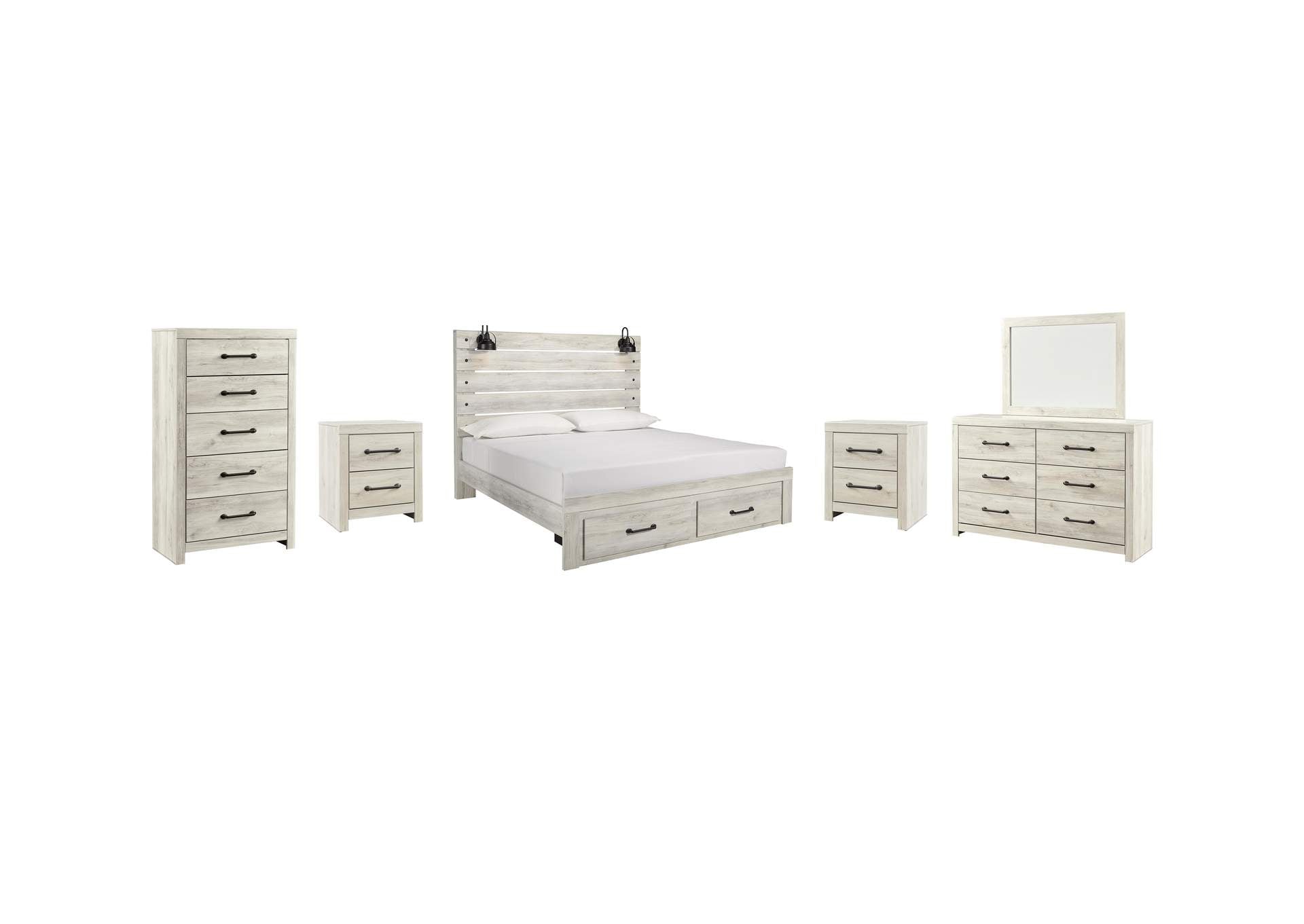 Cambeck King Panel Bed with 2 Storage Drawers with Mirrored Dresser, Chest and 2 Nightstands