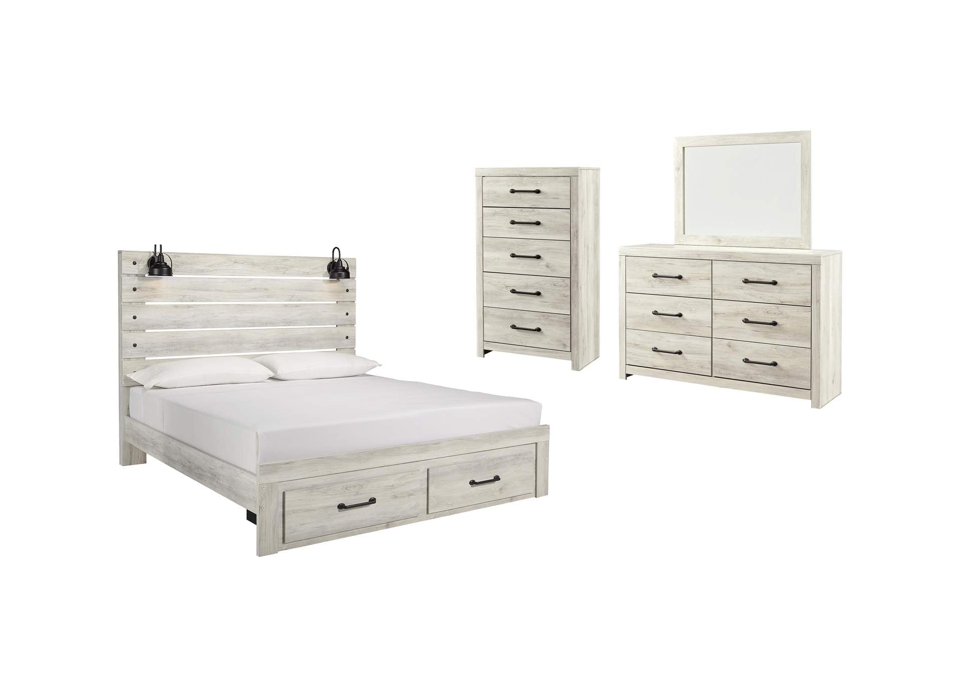 Cambeck King Panel Bed with 2 Storage Drawers with Mirrored Dresser and Chest