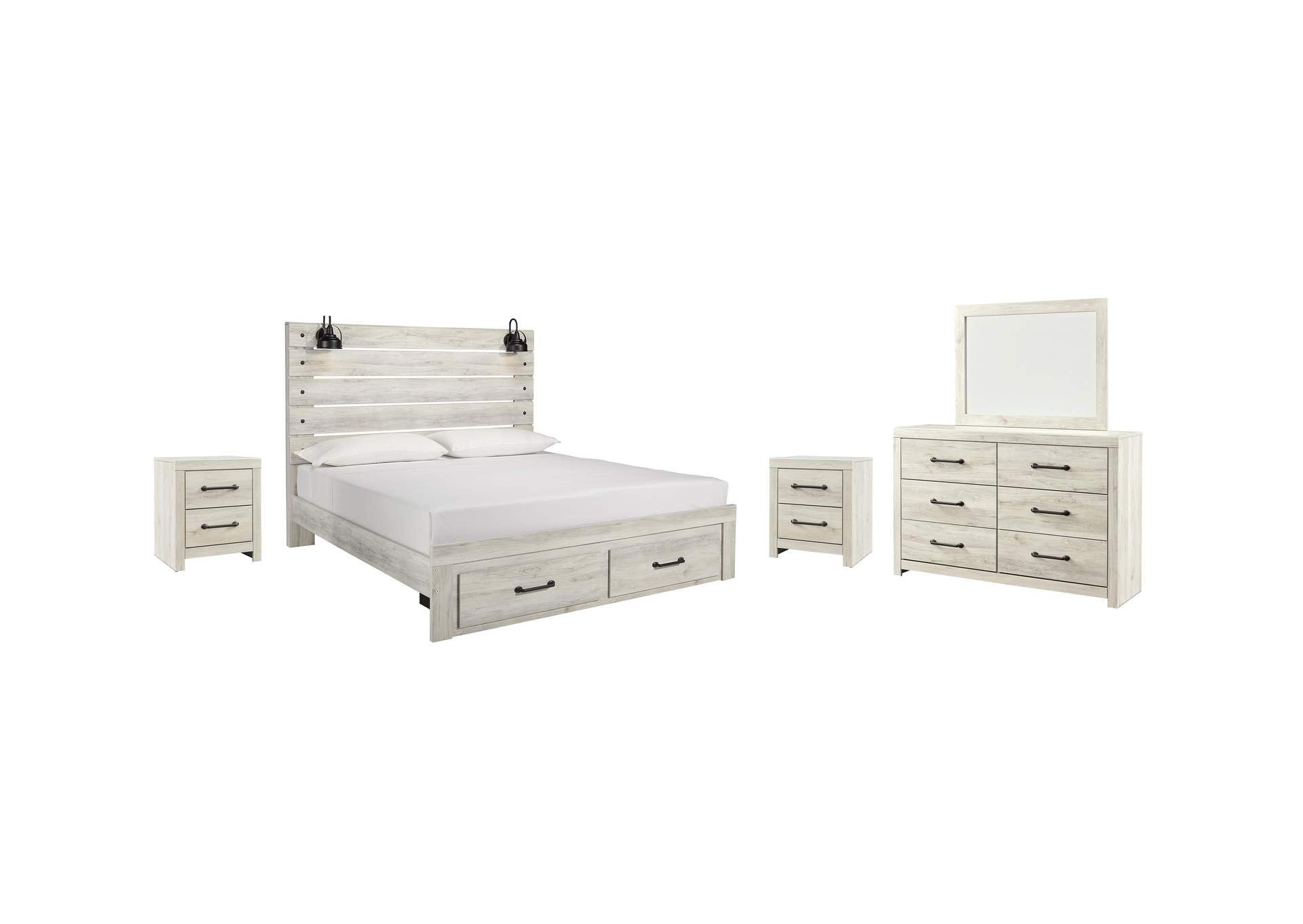 Cambeck King Panel Bed with 2 Storage Drawers with Mirrored Dresser and 2 Nightstands