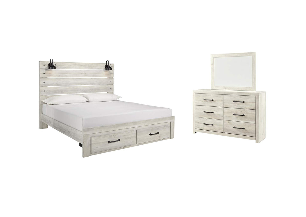 Cambeck King Panel Bed with 2 Storage Drawers with Mirrored Dresser