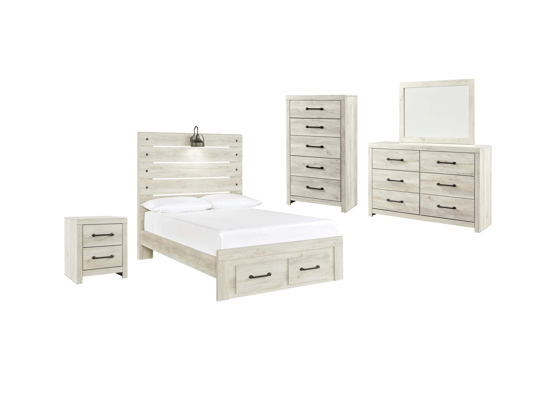 Cambeck Full Panel Bed with 2 Storage Drawers with Mirrored Dresser, Chest and Nightstand