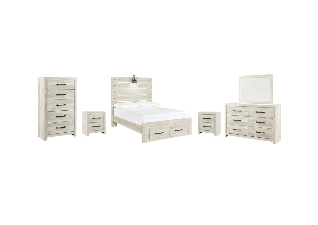 Cambeck Full Panel Bed with 2 Storage Drawers with Mirrored Dresser, Chest and 2 Nightstands