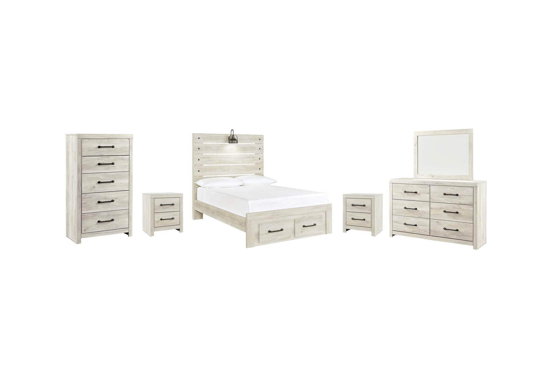 Cambeck Full Panel Bed with 2 Storage Drawers with Mirrored Dresser, Chest and 2 Nightstands