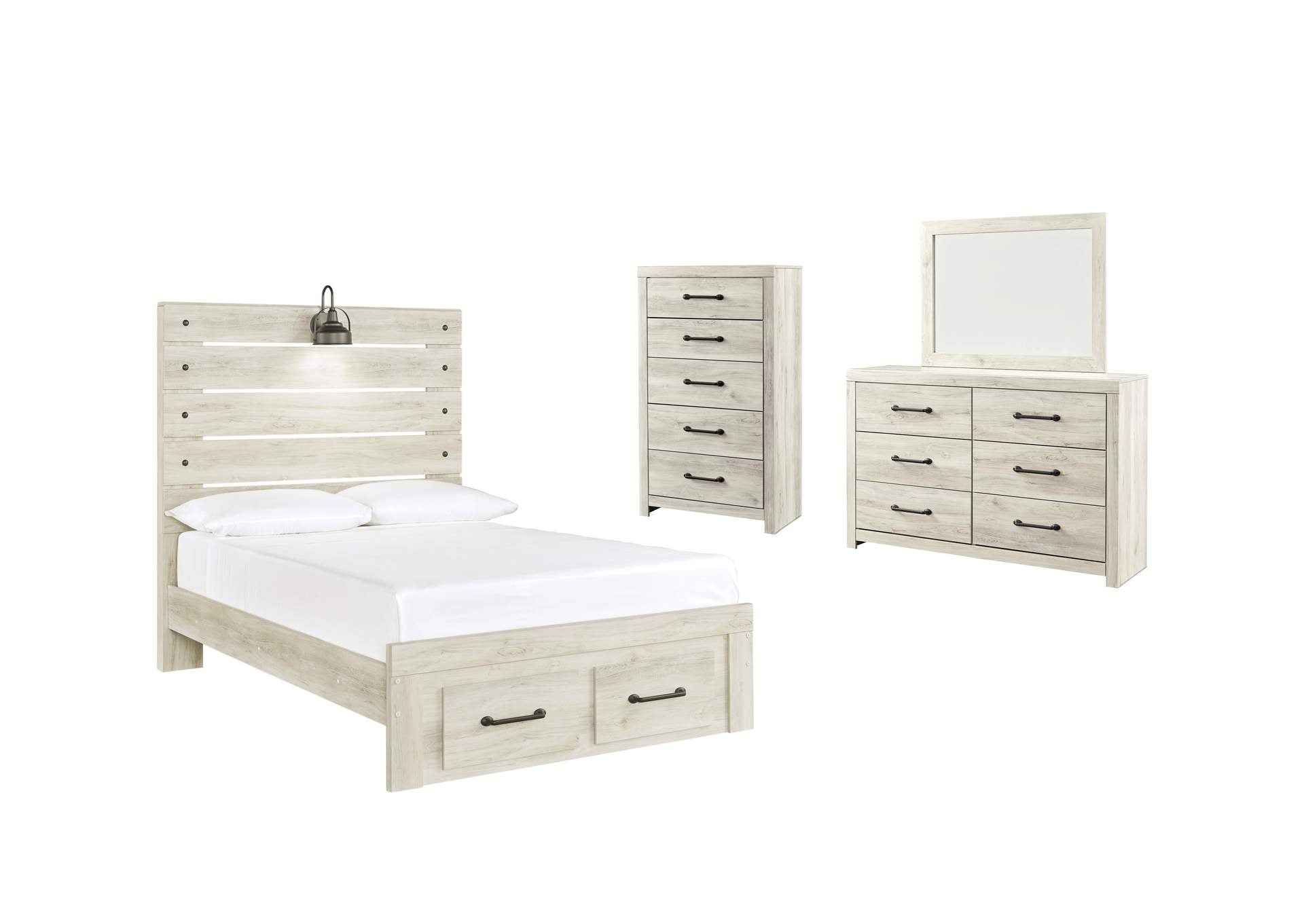 Cambeck Full Panel Bed with 2 Storage Drawers with Mirrored Dresser and Chest