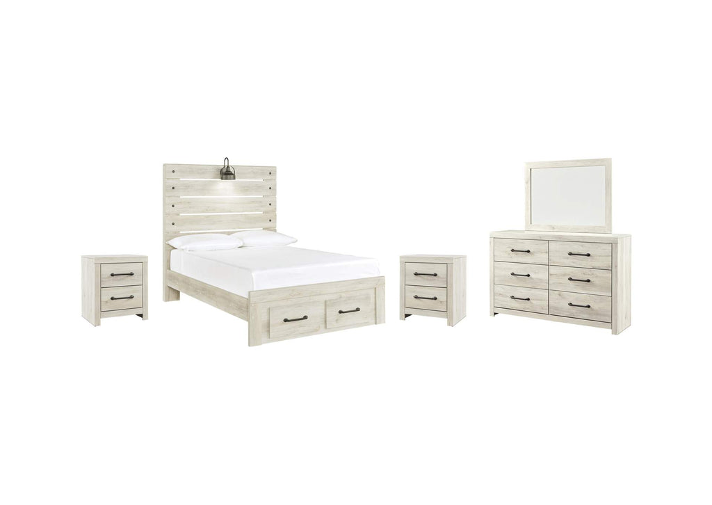 Cambeck Full Panel Bed with 2 Storage Drawers with Mirrored Dresser and 2 Nightstands