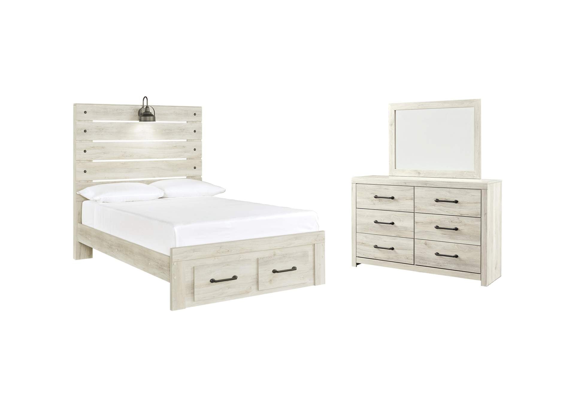 Cambeck Full Panel Bed with 2 Storage Drawers with Mirrored Dresser