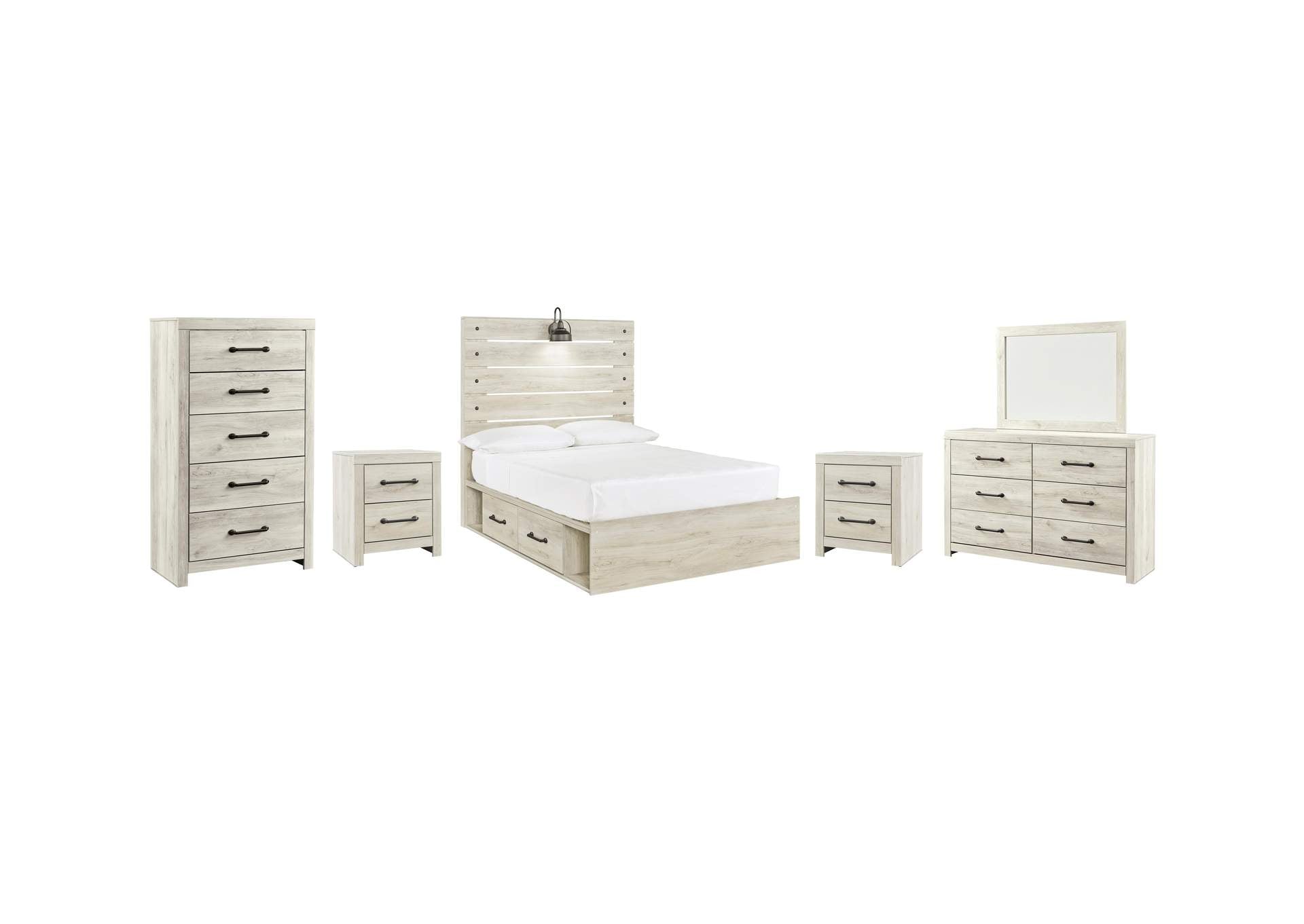 Cambeck Full Panel Bed with 4 Storage Drawers with Mirrored Dresser, Chest and 2 Nightstands