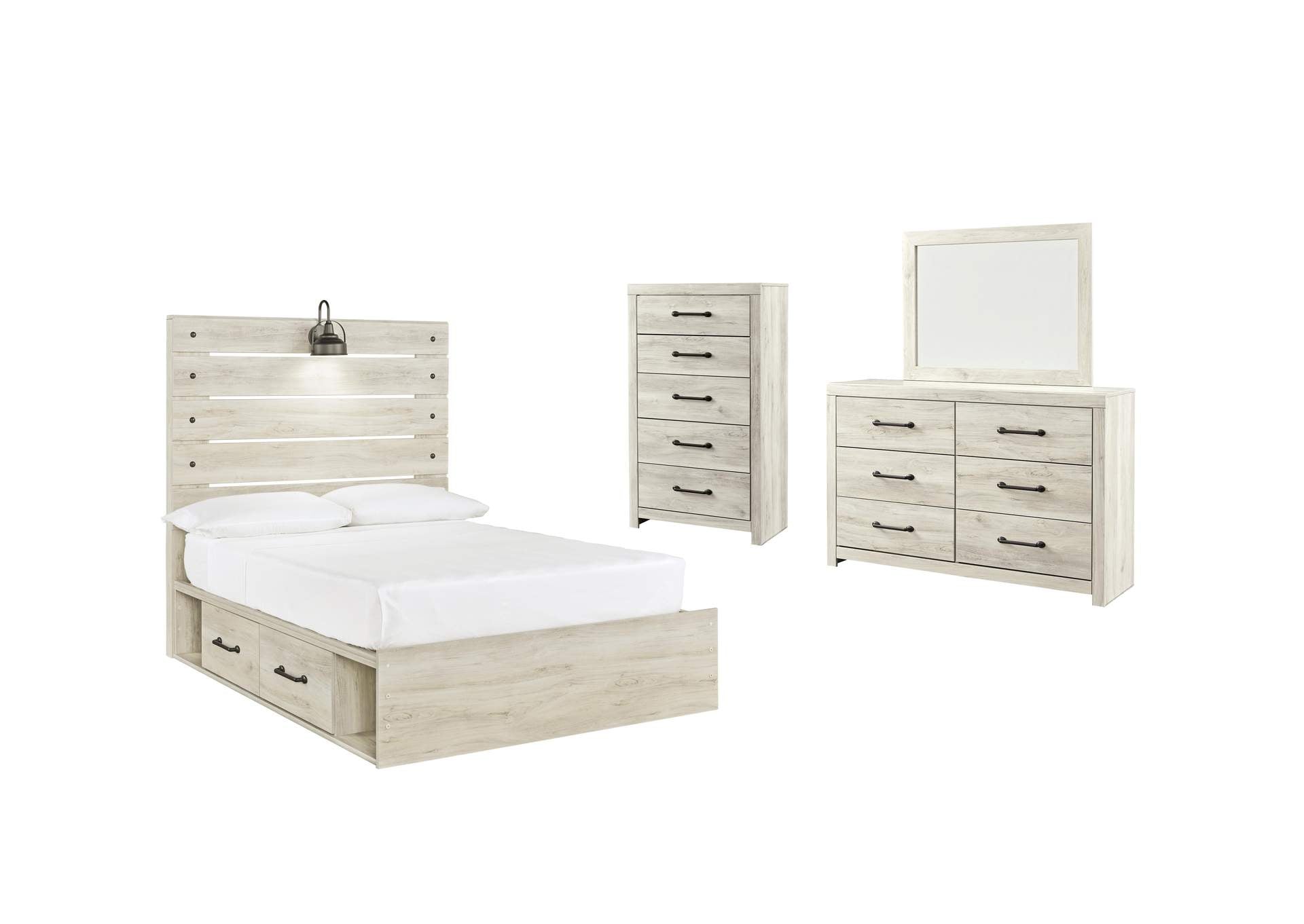 Cambeck Full Panel Bed with 4 Storage Drawers with Mirrored Dresser and Chest