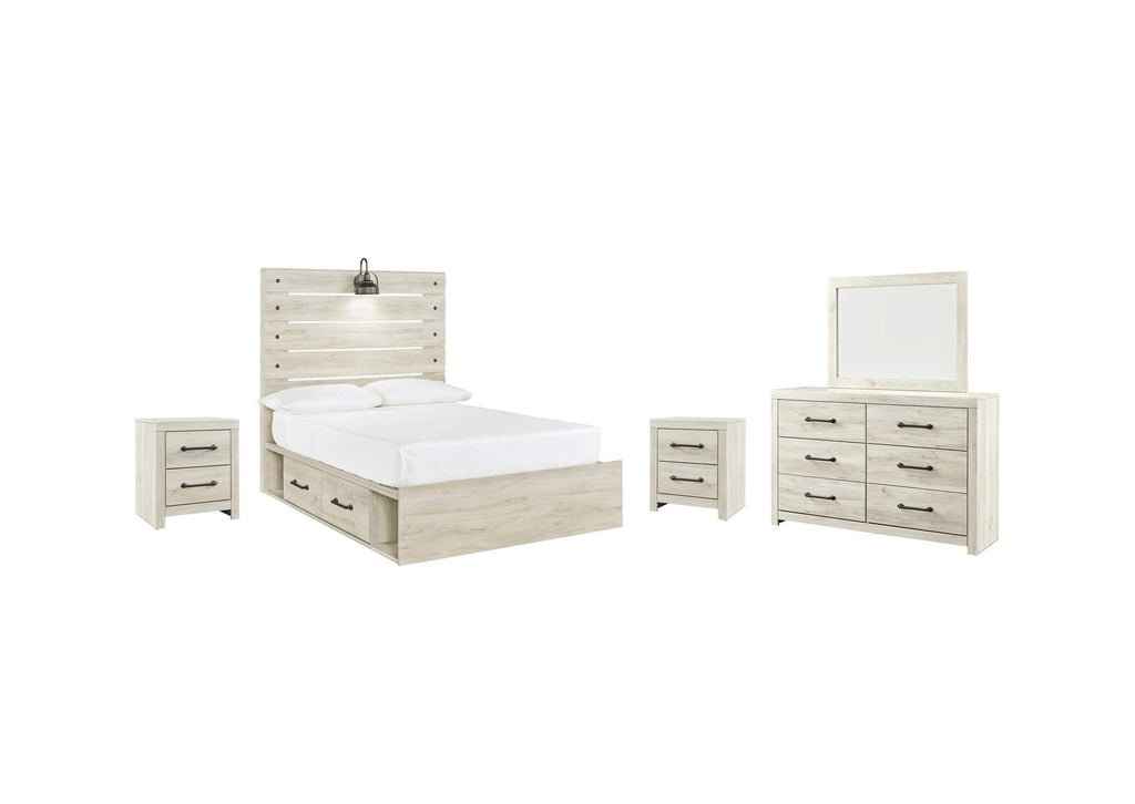 Cambeck Full Panel Bed with 4 Storage Drawers with Mirrored Dresser and 2 Nightstands