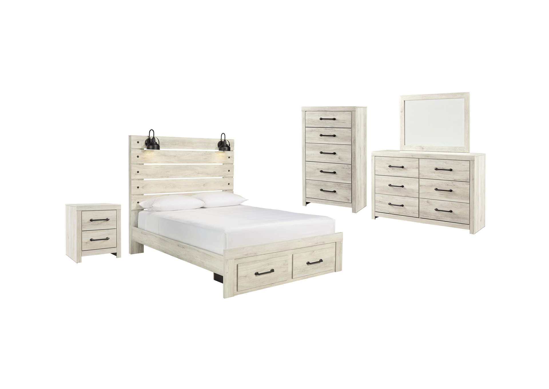 Cambeck Queen Panel Bed with 2 Storage Drawers with Mirrored Dresser, Chest and Nightstand