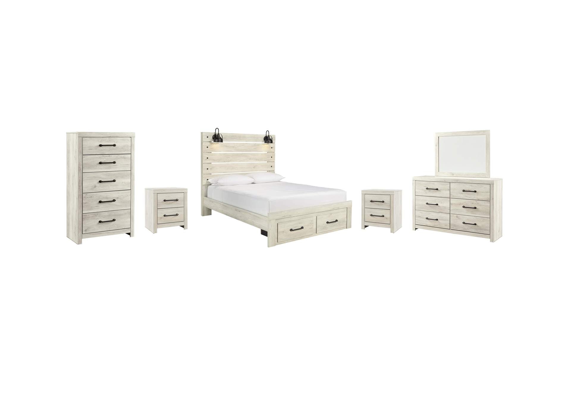 Cambeck Queen Panel Bed with 2 Storage Drawers with Mirrored Dresser, Chest and 2 Nightstands