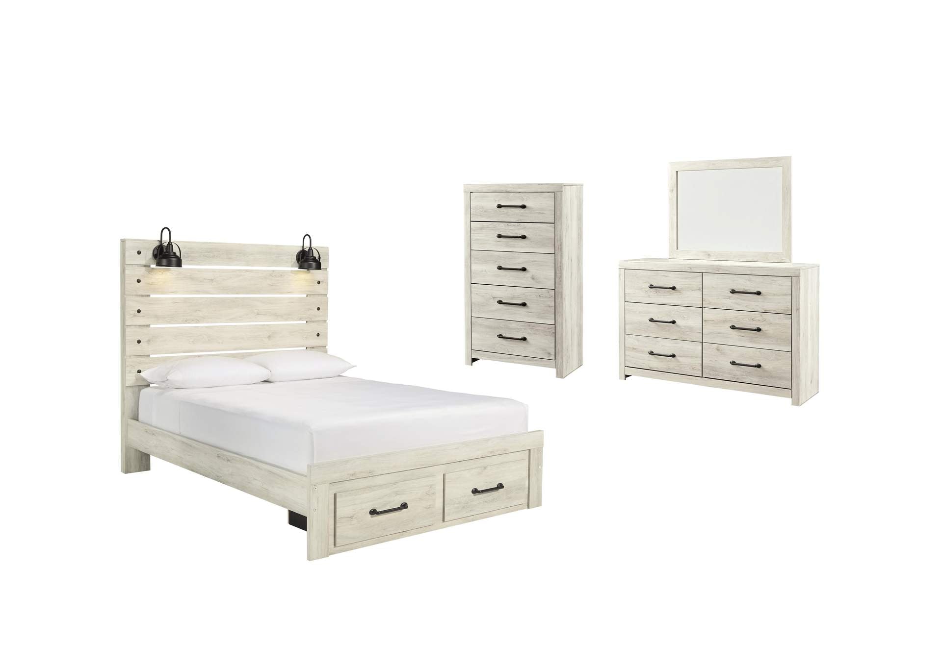 Cambeck Queen Panel Bed with 2 Storage Drawers with Mirrored Dresser and Chest