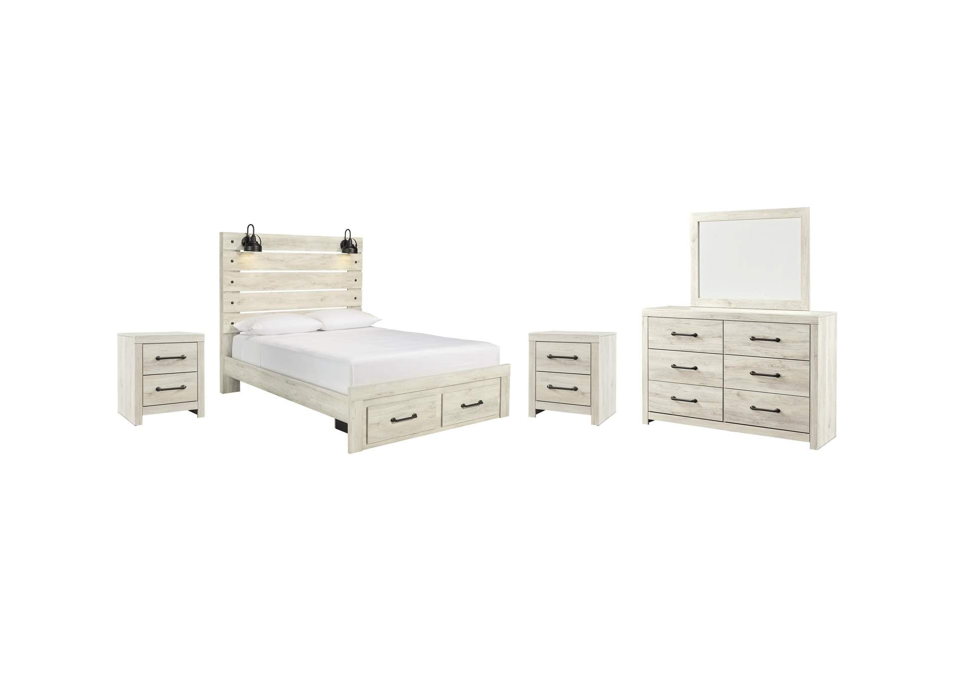 Cambeck Queen Panel Bed with 2 Storage Drawers with Mirrored Dresser and 2 Nightstands