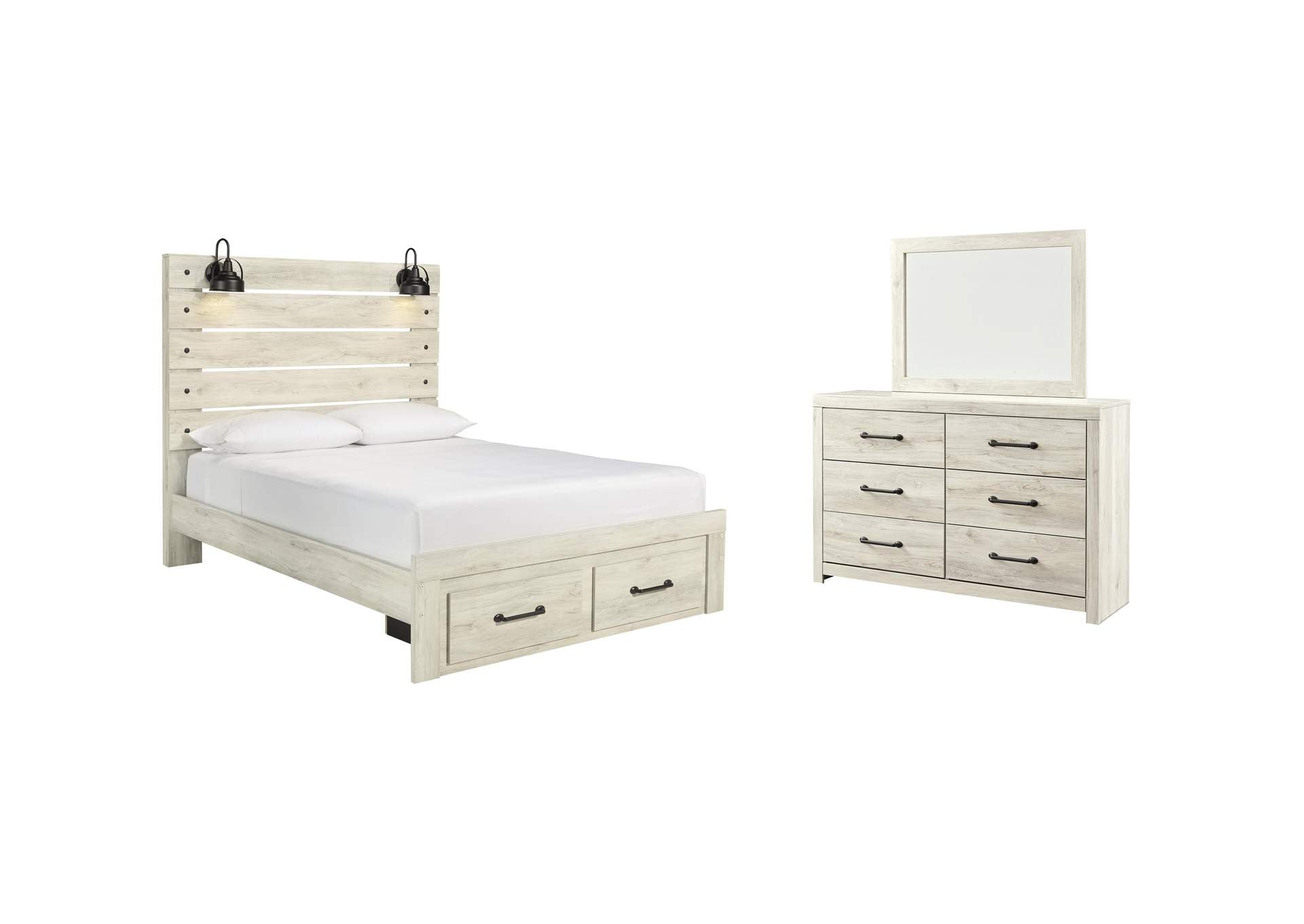 Cambeck Queen Panel Bed with 2 Storage Drawers with Mirrored Dresser