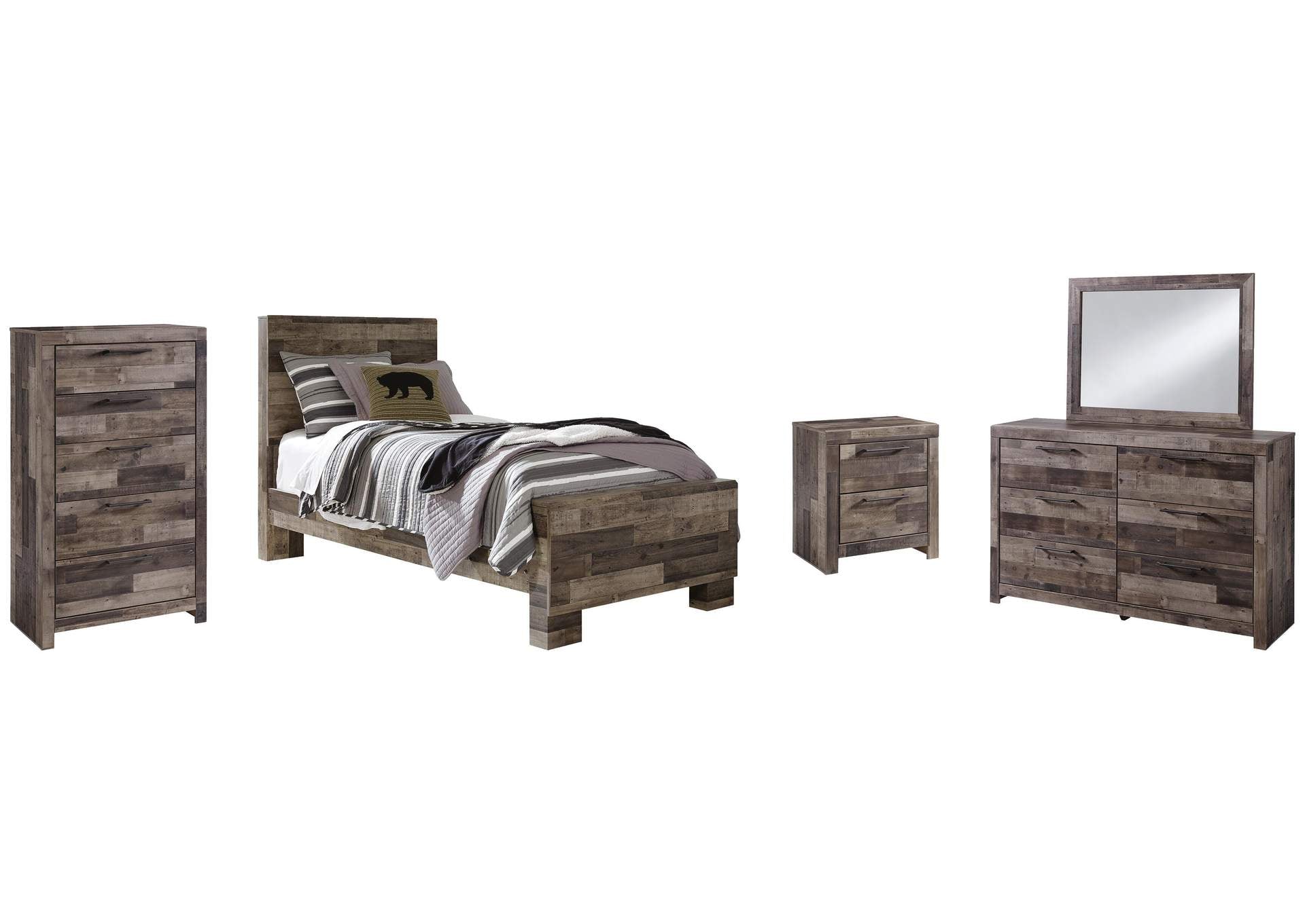 Derekson Twin Panel Bed with Mirrored Dresser, Chest and Nightstand
