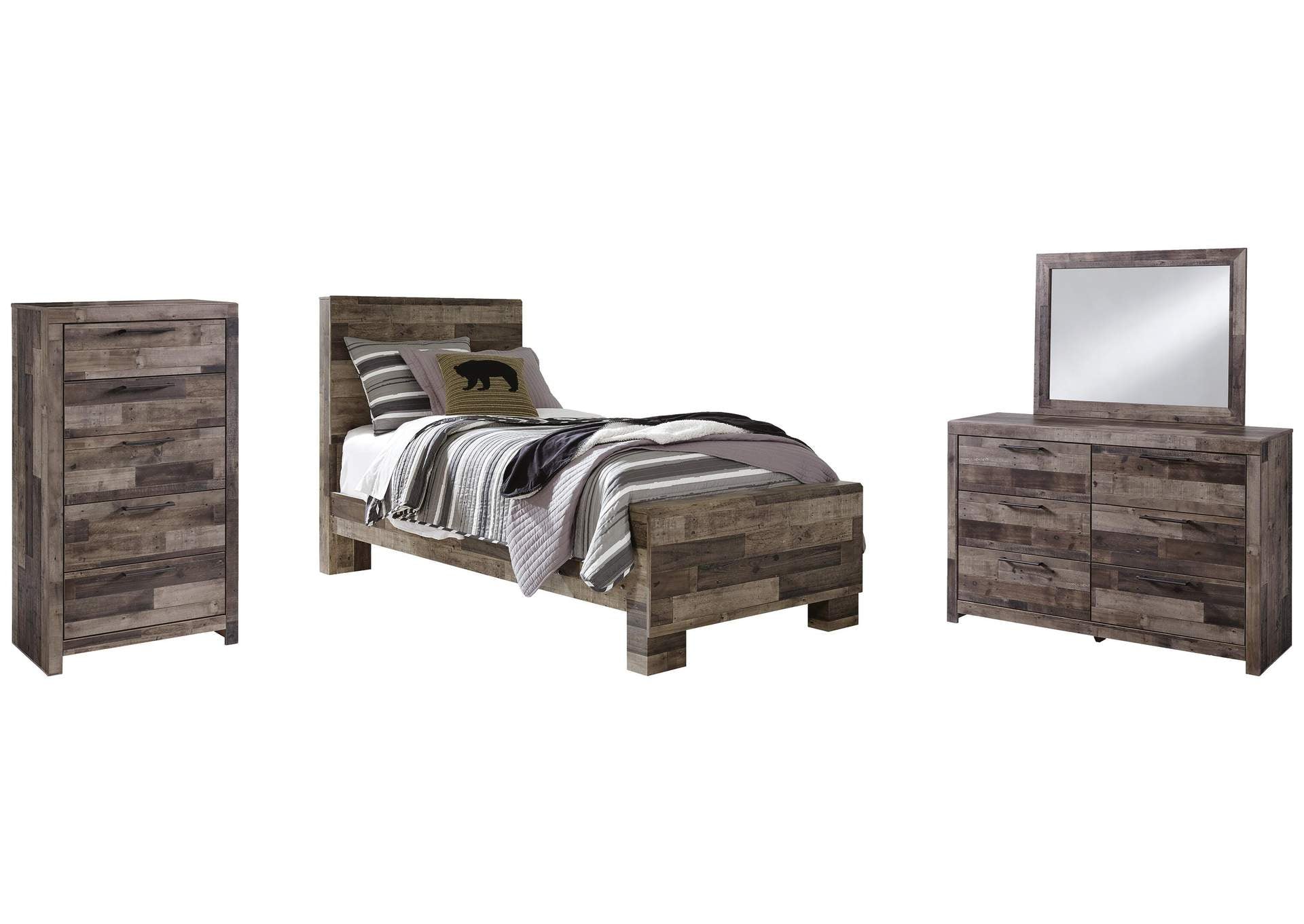 Derekson Twin Panel Bed with Mirrored Dresser and Chest