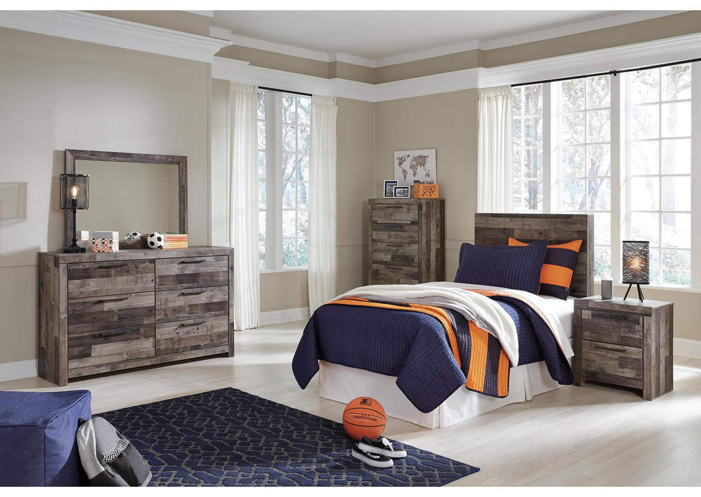 Derekson Twin Panel Headboard Bed with Mirrored Dresser, Chest and Nightstand