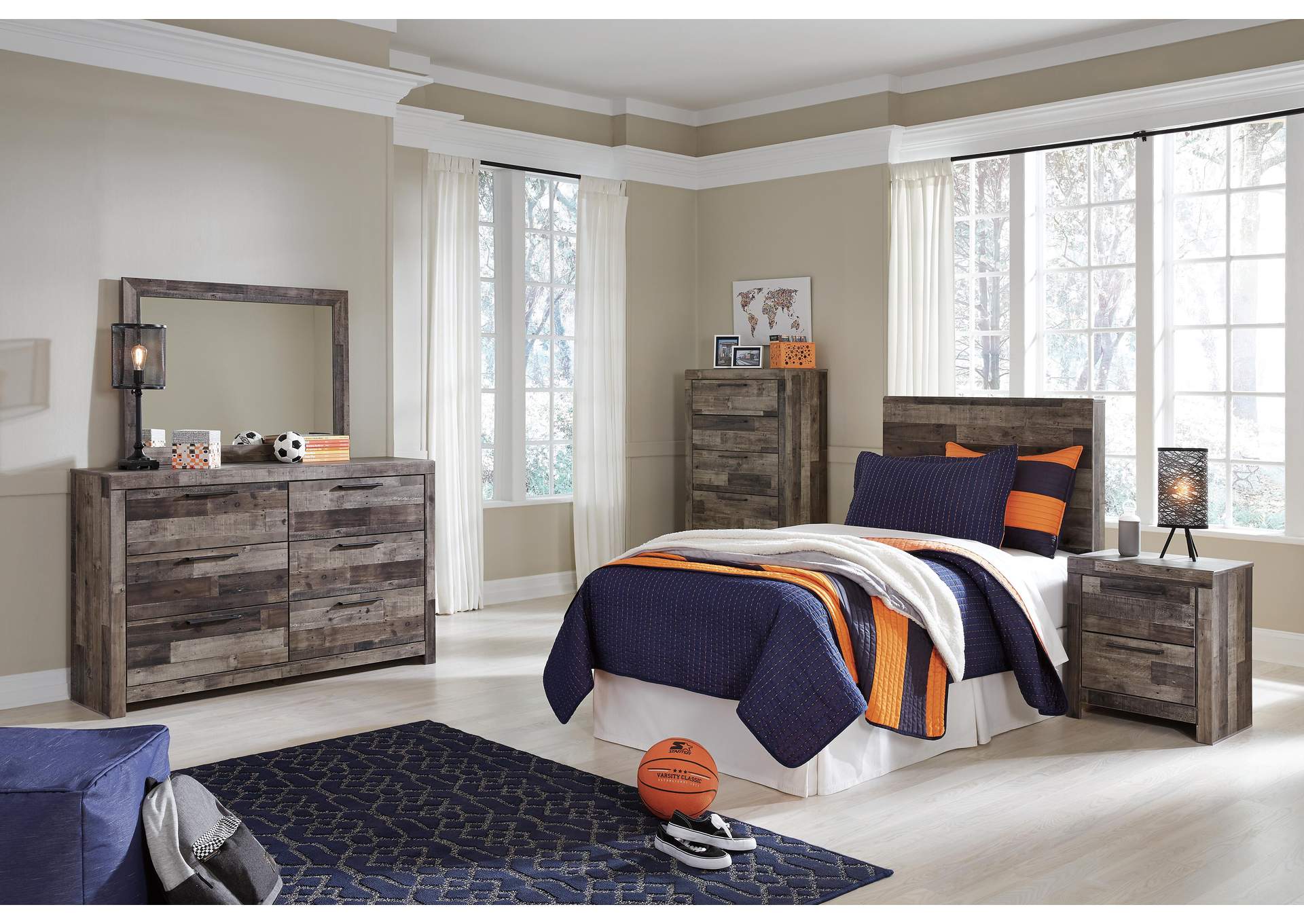 Derekson Twin Panel Headboard Bed with Mirrored Dresser, Chest and Nightstand
