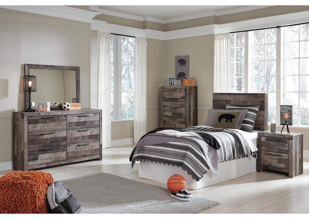 Derekson Twin Panel Headboard Bed with Mirrored Dresser, Chest and Nightstand