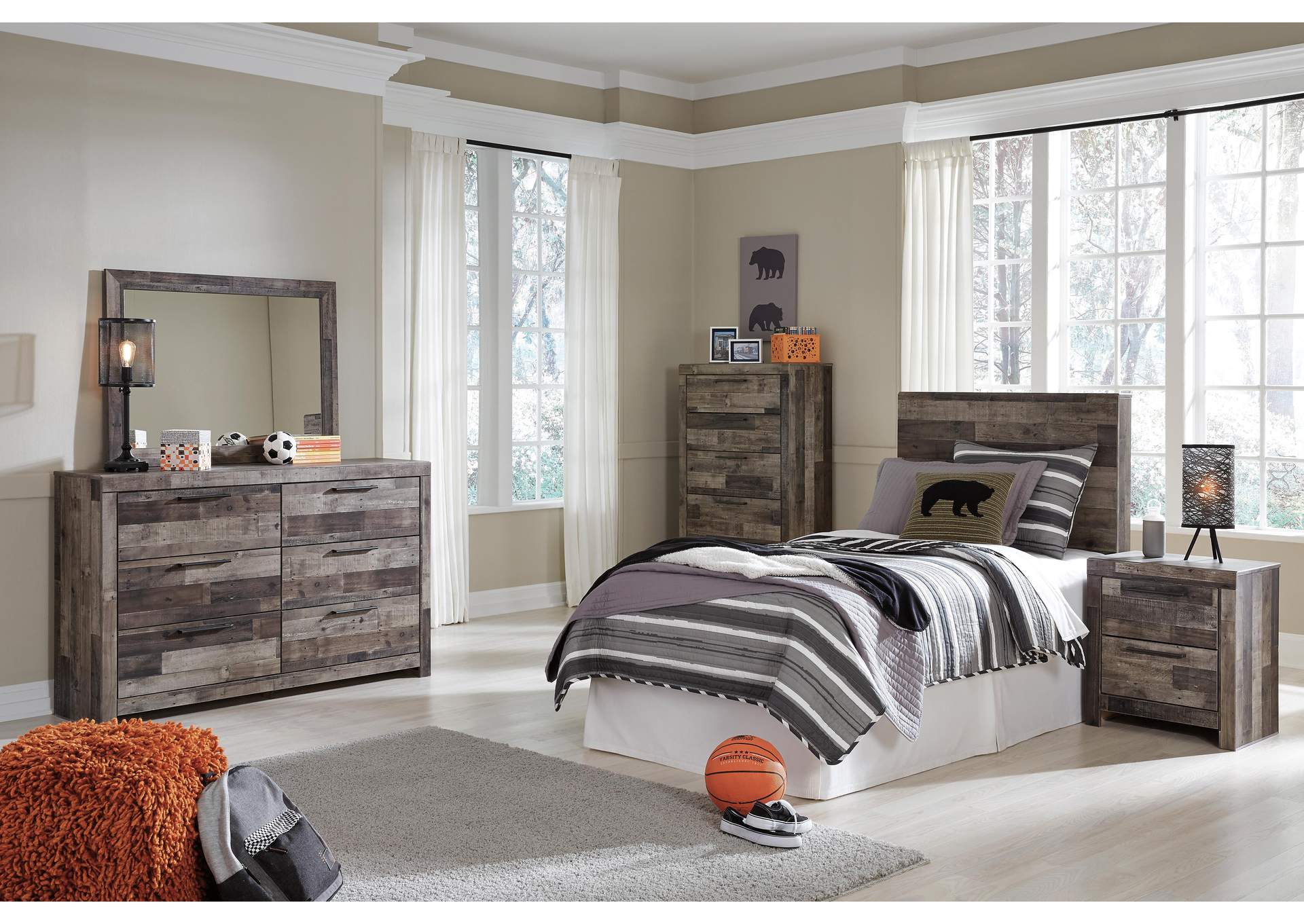 Derekson Twin Panel Headboard Bed with Mirrored Dresser, Chest and Nightstand