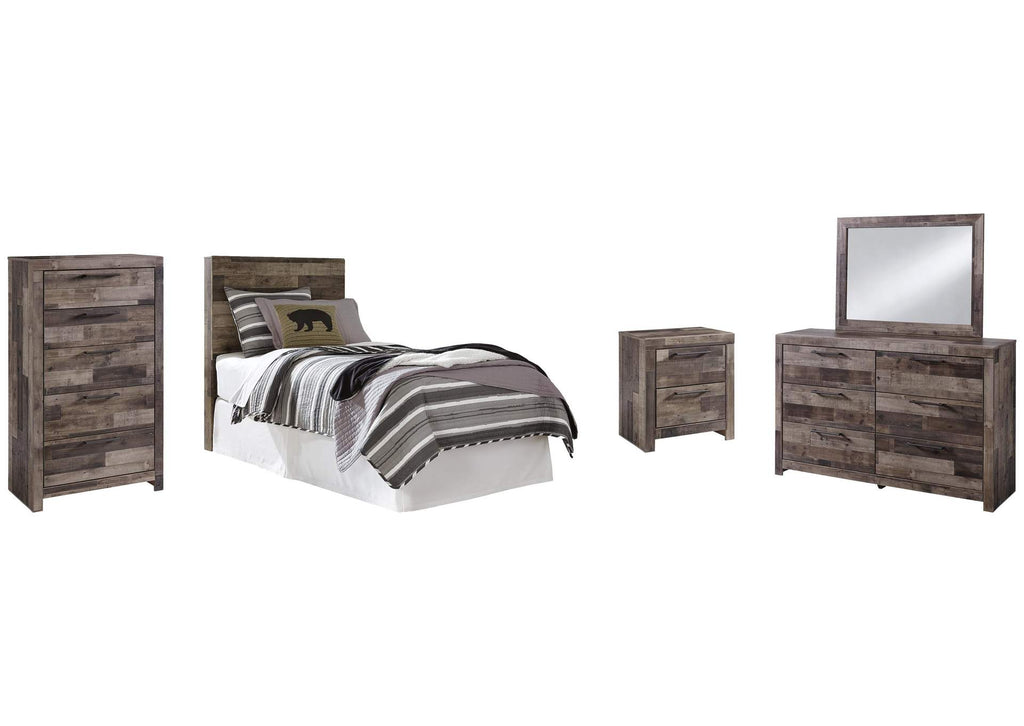 Derekson Twin Panel Headboard Bed with Mirrored Dresser, Chest and Nightstand