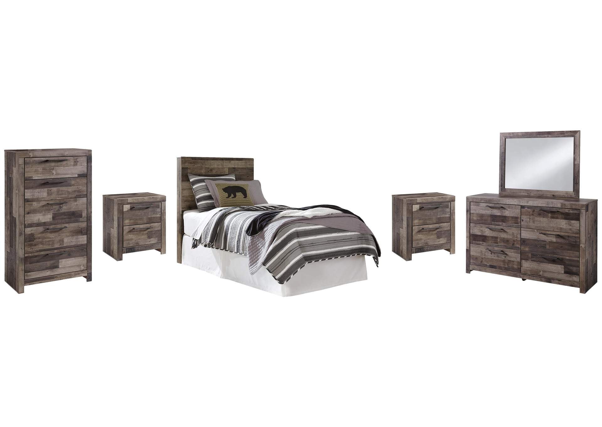 Derekson Twin Panel Headboard Bed with Mirrored Dresser, Chest and 2 Nightstands