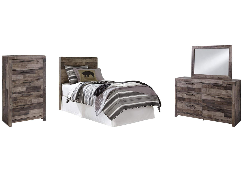 Derekson Twin Panel Headboard Bed with Mirrored Dresser and Chest