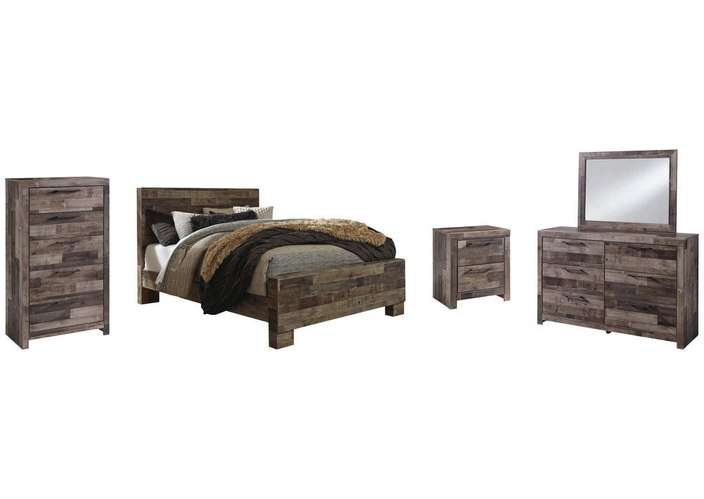 Derekson Queen Panel Bed with Mirrored Dresser, Chest and Nightstand