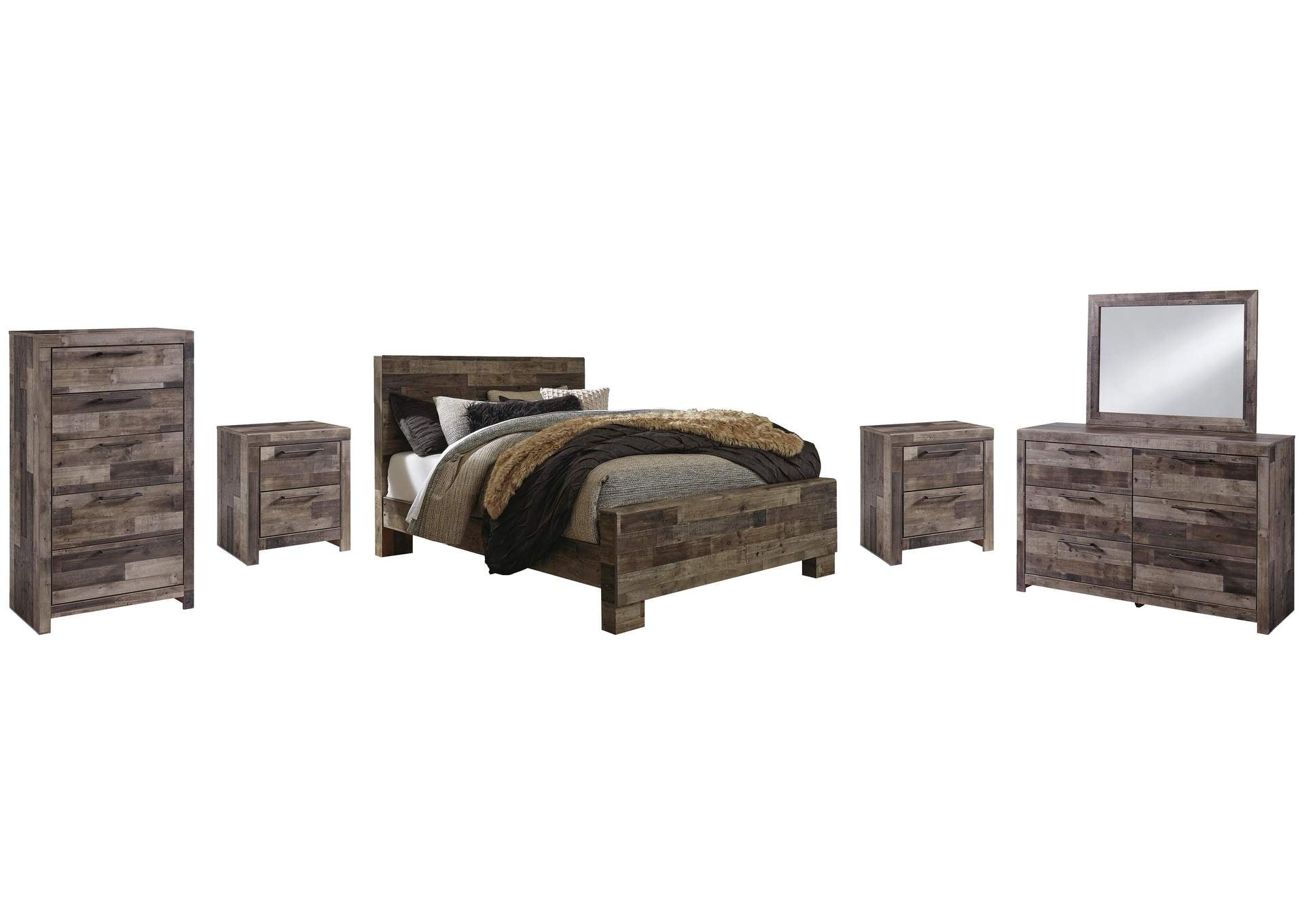 Derekson Queen Panel Bed with Mirrored Dresser, Chest and 2 Nightstands