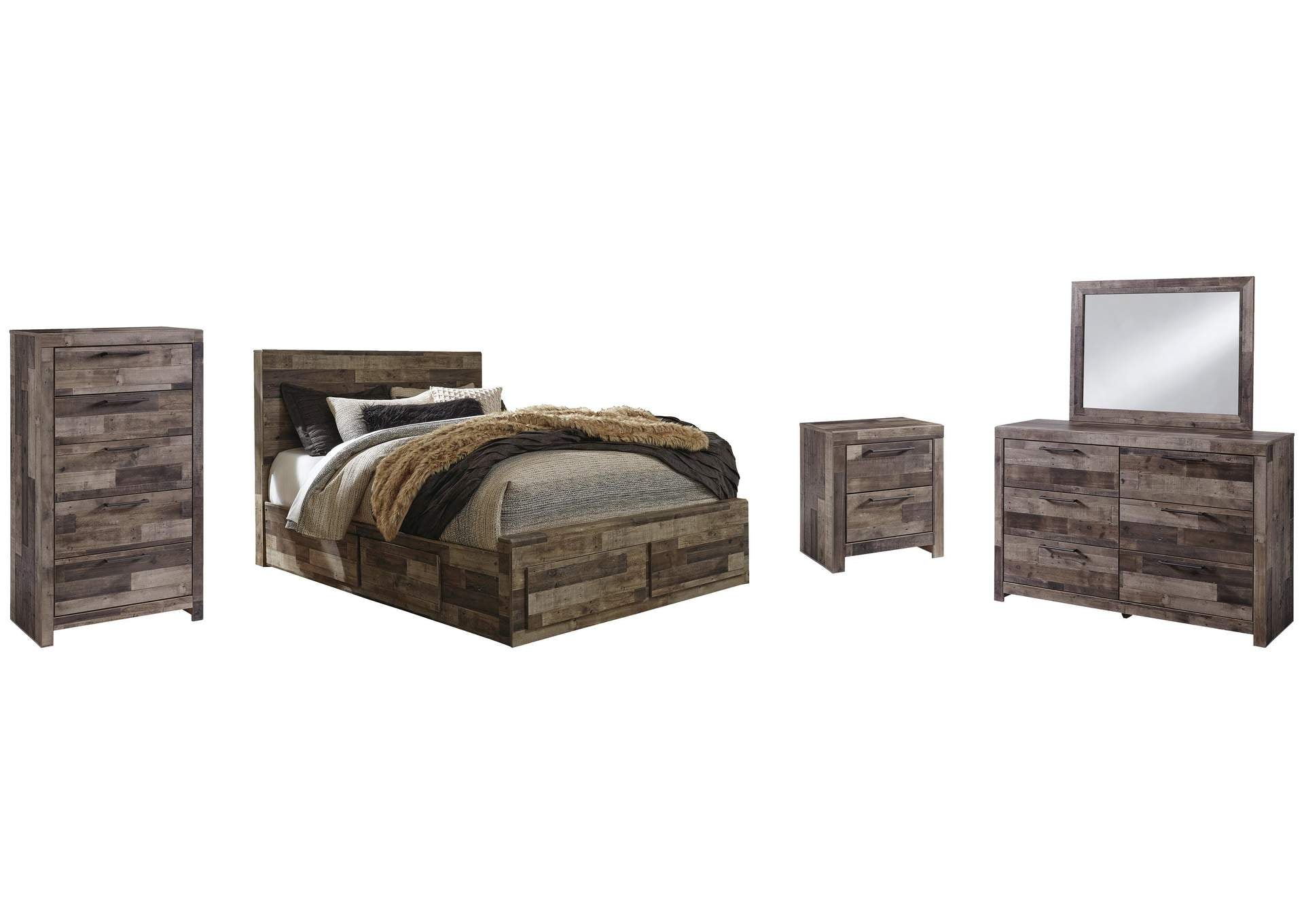 Derekson Queen Panel Bed with 4 Storage Drawers with Mirrored Dresser, Chest and Nightstand
