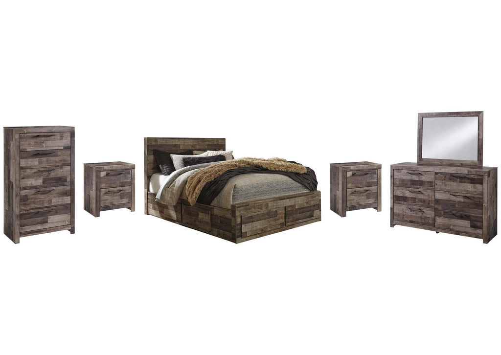 Derekson Queen Panel Bed with 4 Storage Drawers with Mirrored Dresser, Chest and 2 Nightstands