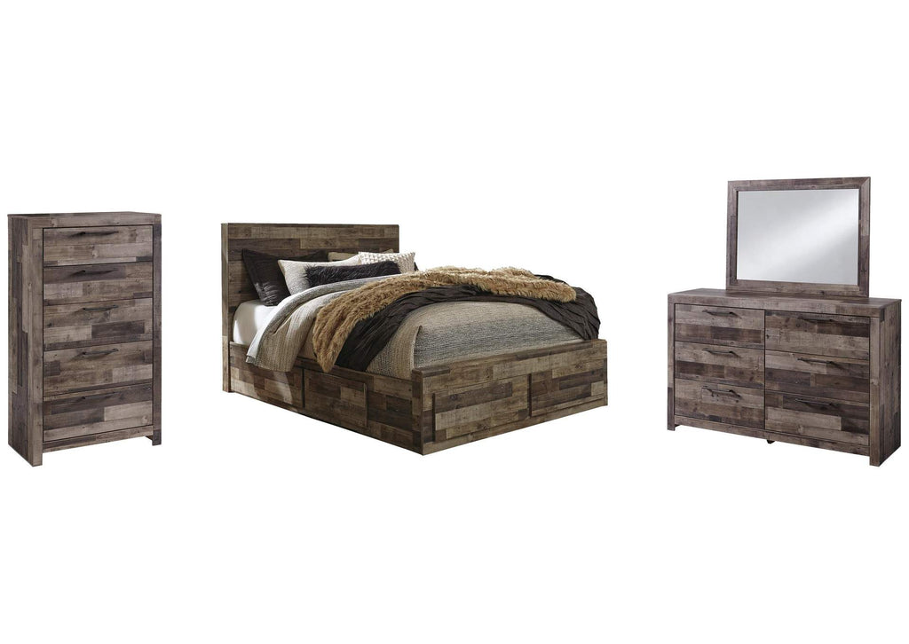 Derekson Queen Panel Bed with 4 Storage Drawers with Mirrored Dresser and Chest