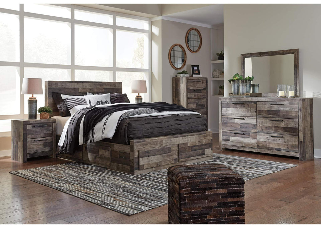 Derekson Queen Panel Bed with 6 Storage Drawers with Mirrored Dresser, Chest and 2 Nightstands