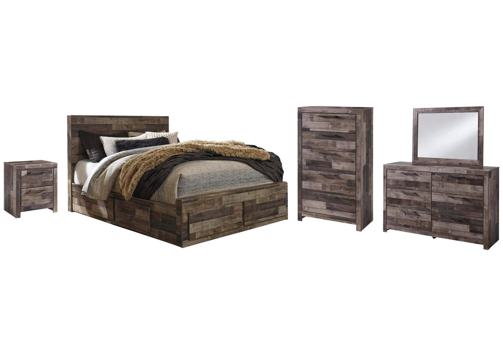 Derekson Queen Panel Bed with 6 Storage Drawers with Mirrored Dresser, Chest and Nightstand