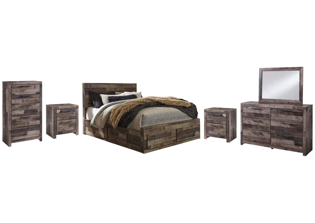 Derekson Queen Panel Bed with 6 Storage Drawers with Mirrored Dresser, Chest and 2 Nightstands