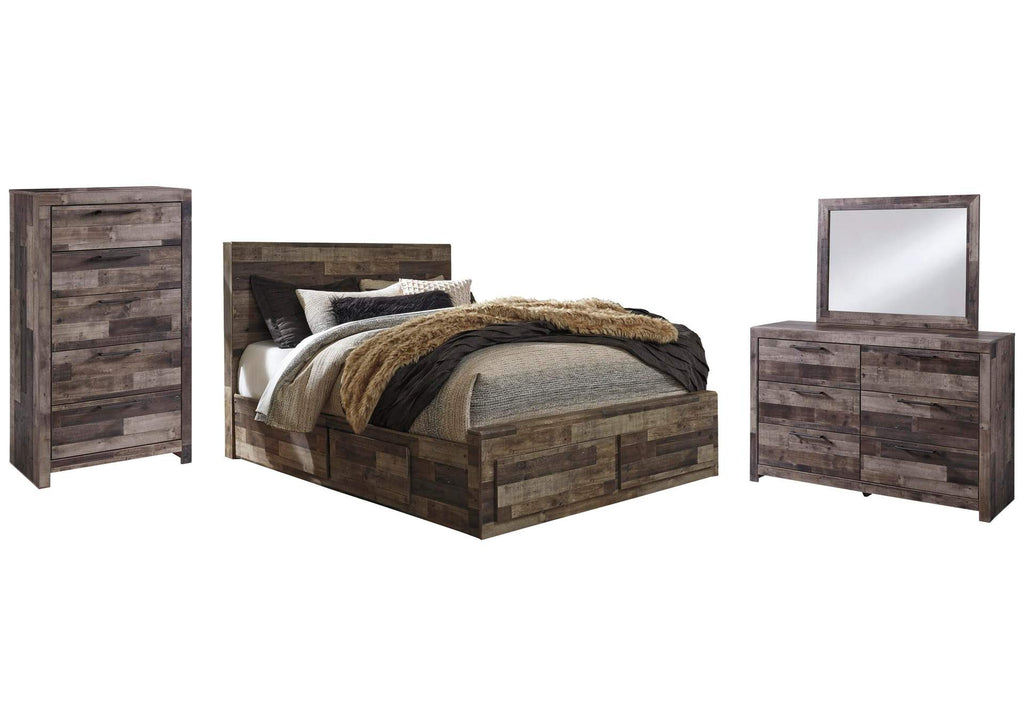 Derekson Queen Panel Bed with 6 Storage Drawers with Mirrored Dresser and Chest