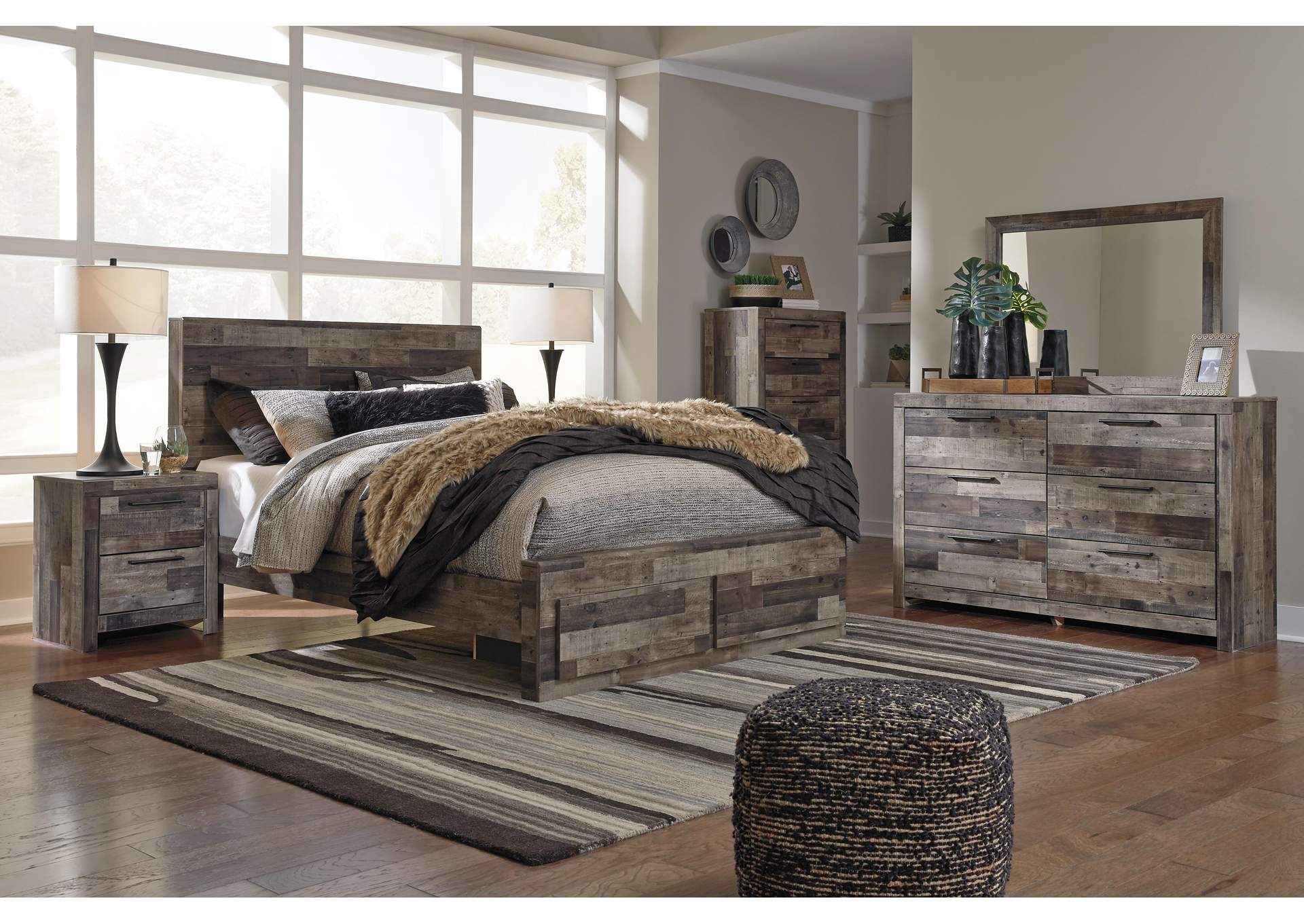 Derekson Queen Panel Bed with 2 Storage Drawers with Mirrored Dresser, Chest and Nightstand
