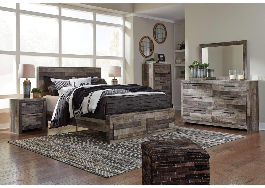 Derekson Queen Panel Bed with 2 Storage Drawers with Mirrored Dresser, Chest and 2 Nightstands