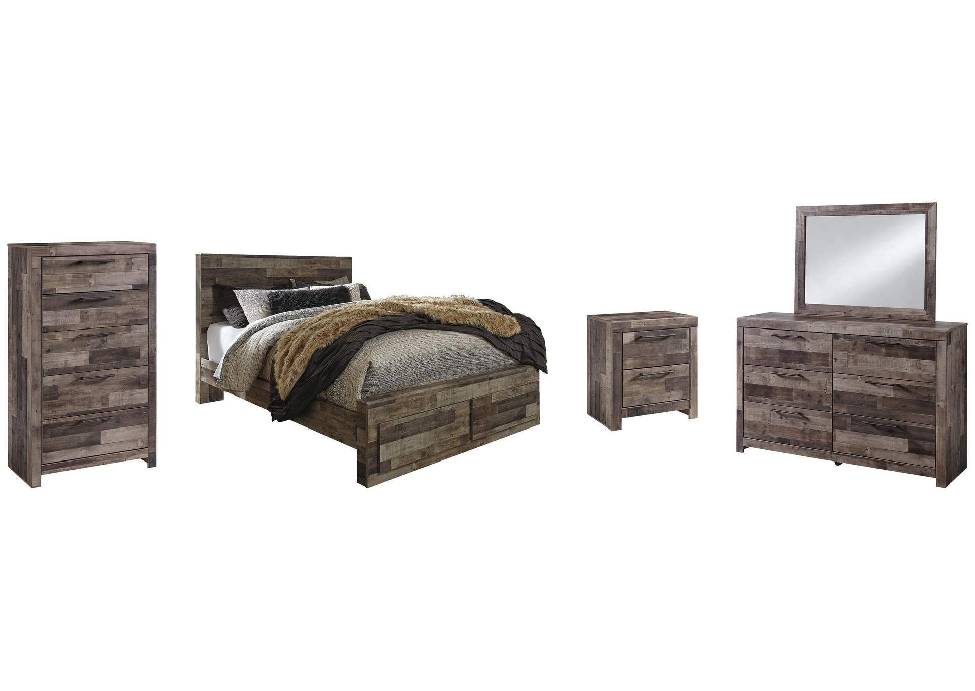 Derekson Queen Panel Bed with 2 Storage Drawers with Mirrored Dresser, Chest and Nightstand