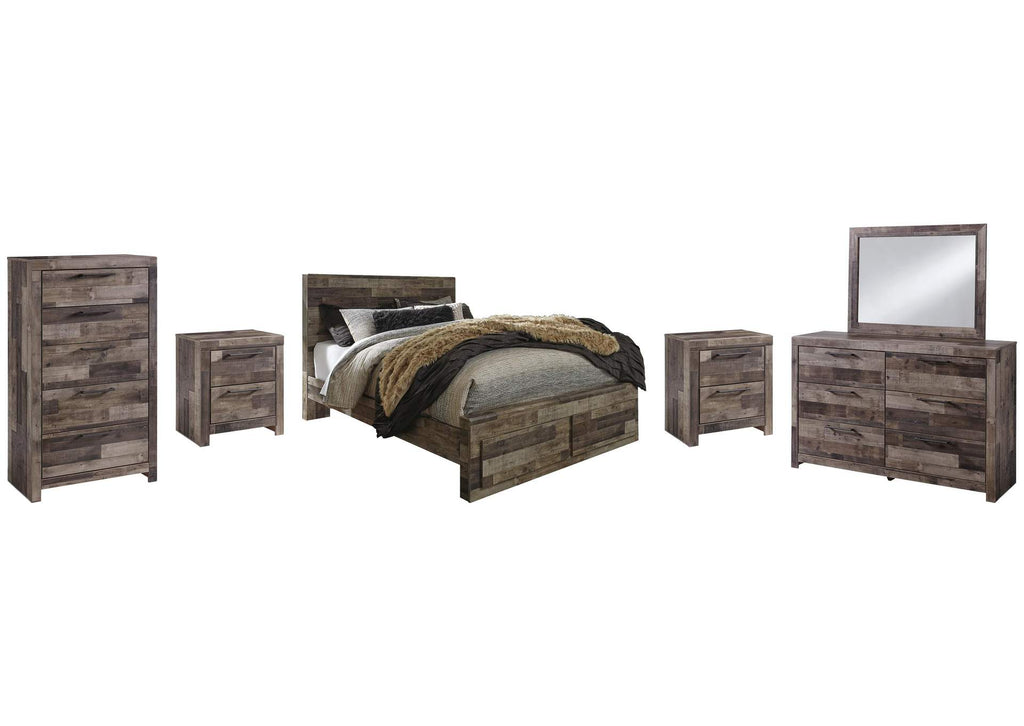 Derekson Queen Panel Bed with 2 Storage Drawers with Mirrored Dresser, Chest and 2 Nightstands