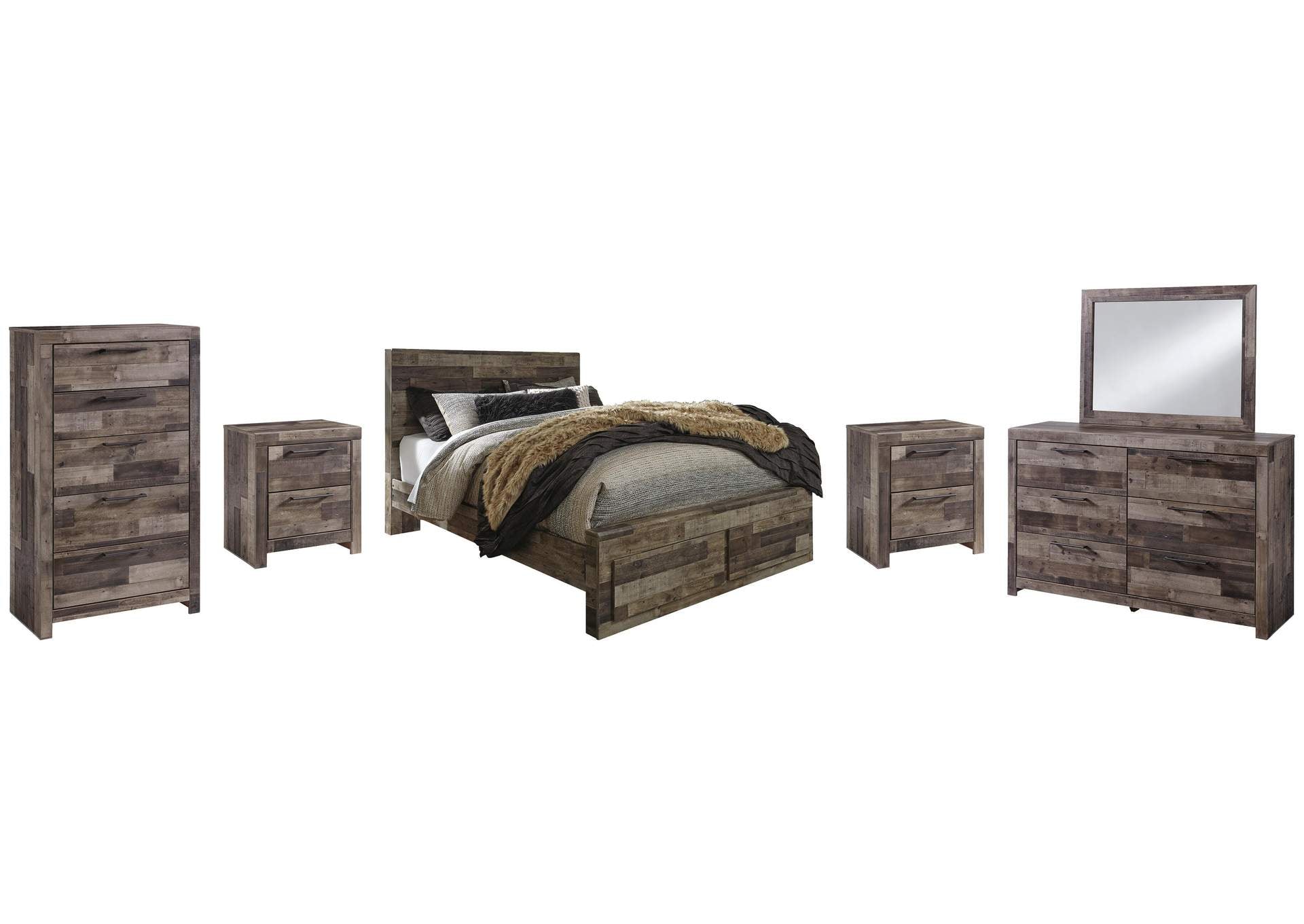 Derekson Queen Panel Bed with 2 Storage Drawers with Mirrored Dresser, Chest and 2 Nightstands