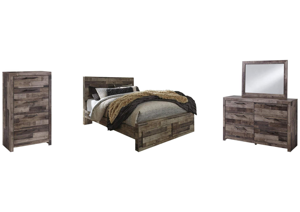 Derekson Queen Panel Bed with 2 Storage Drawers with Mirrored Dresser and Chest