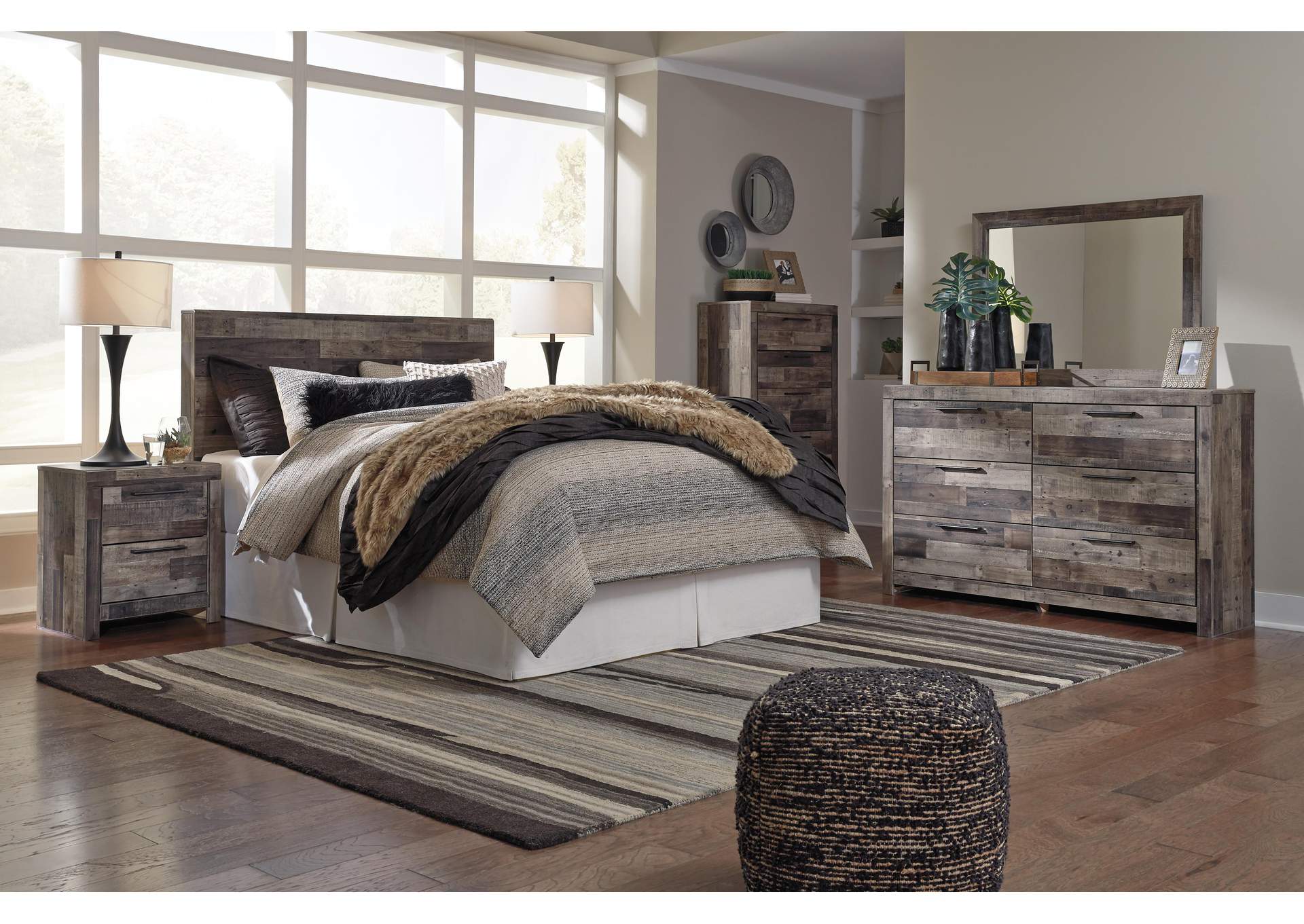Derekson Queen/Full Panel Headboard Bed with Mirrored Dresser, Chest and Nightstand